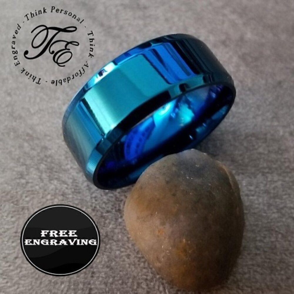 Personalized Men's Wedding Ring - Engraved Matte Blue Wedding Ring For Guys